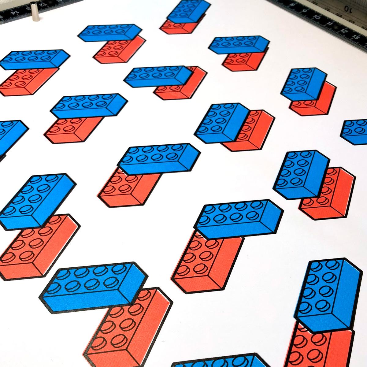 A grid made up of pairs of red and blue toy building bricks, with studs on top. Each pair is stacked in a unique way.