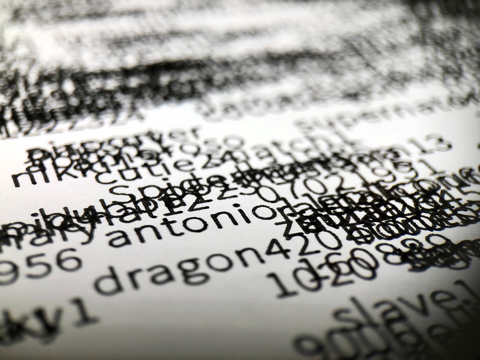 A close-up of a smaller area, revealing passwords like "dragon420" and "cutie24"