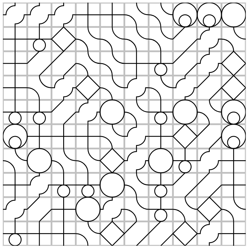A simplified screenshot view of the design, black lines on white, with grey grid lines separating each tile